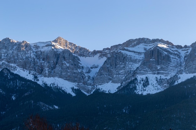 Sunset in some snowy mountains surrounded by pine forests