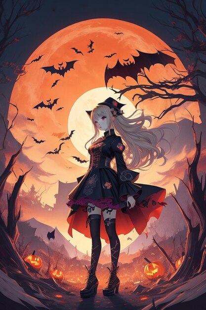 Sunset sorcery anime korean blonde girl's halloween fantasy