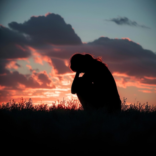 Photo sunset sorrow silhouette of a woman head on knees sadly for social media post size
