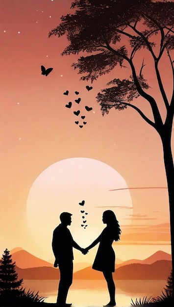Sunset sorrow silhouettes of a brokenhearted coupleembracing painful end of love serenity of nature