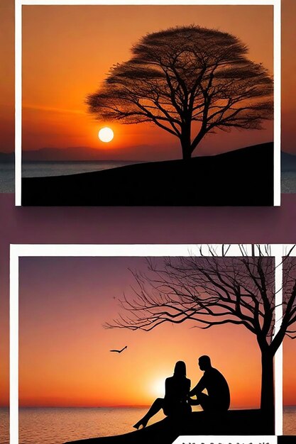 Sunset sorrow silhouettes of a brokenhearted coupleembracing painful end of love serenity of nature