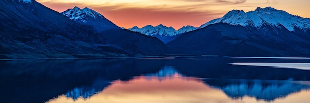 Sunset over the Southern alps at Lake Wakatipu