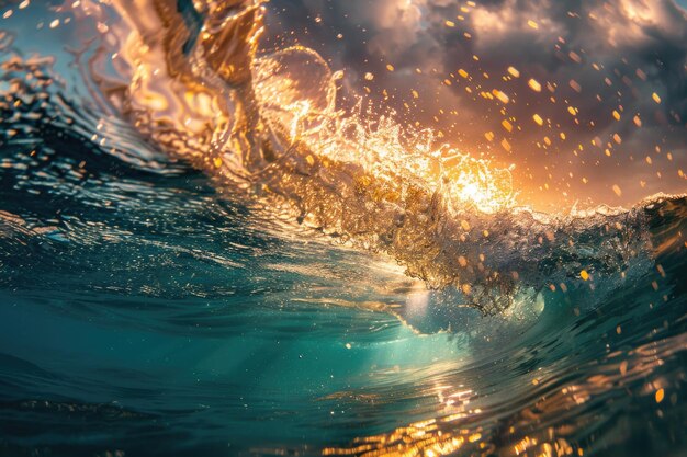 Sunset sparkle underwater photo capturing aqua and gold
