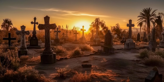 Photo sunset in a spooky cemetery on halloween night