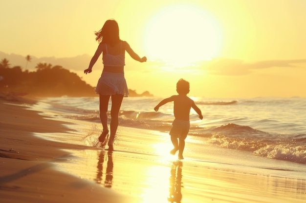 Photo sunset sprint a boy and girl race along the beach