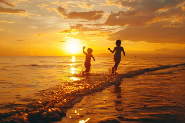 Sunset Sprinters A Boy and Girl Racing on the Beach