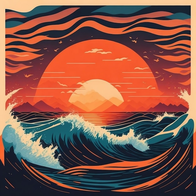 Sunset storm ocean waves flat design vector illustrations