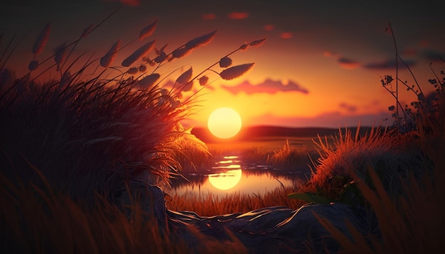 Sunset over a stream with grass and a sunset