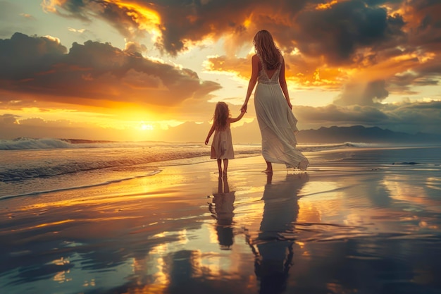 Sunset Stroll Mother and Daughter Bonding on the Beach