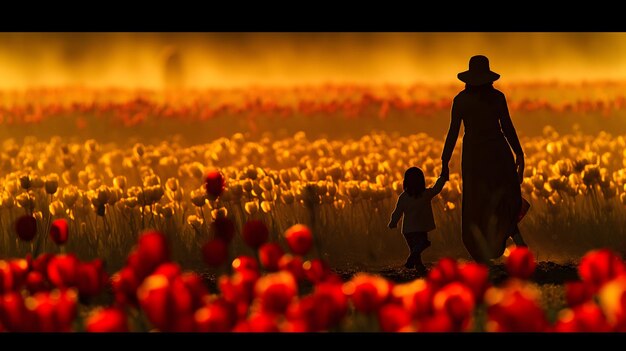 Foto passeggiata al tramonto attraverso il campo di tulipani