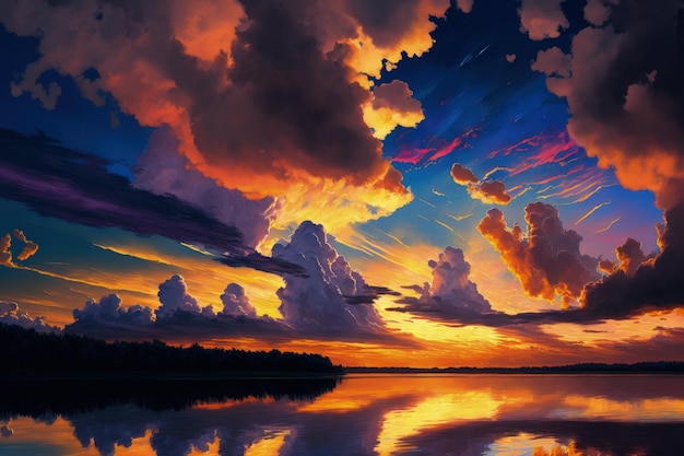 На закате потрясающее небо, полное цвета и облаков, вечер на озере