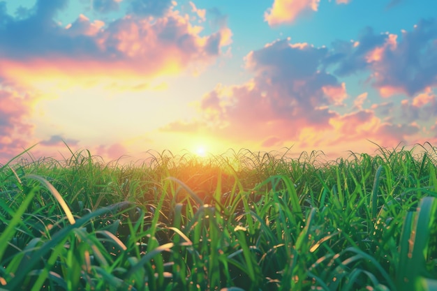 Sunset sun and field of green fresh grass under blue sky