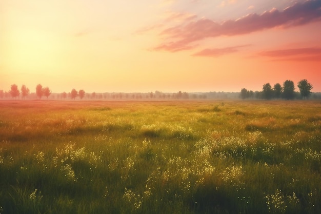 緑の草や木々のある夏の野原の夕日や日の出