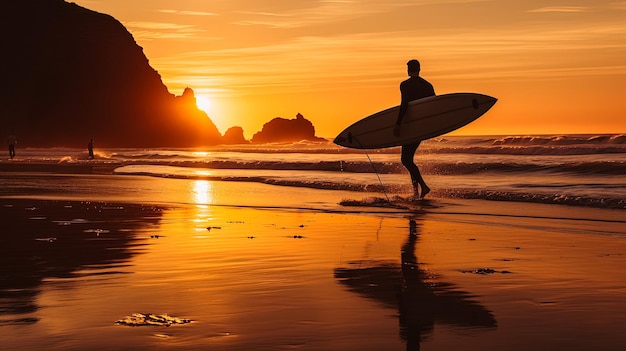 Sunset surfer on a pristine beach Silhouette with surfboard at the ocean shoreline