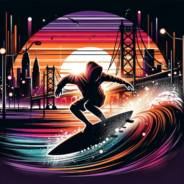 Sunset Surfing Silhouette in RetroFuturistic City