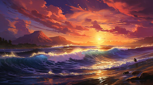 Sunset Swells Surfing on burble seas at sunset detailed waves capturing the essence of a serene