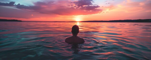 Sunset swim in a secluded lake water painted with colors of the sky