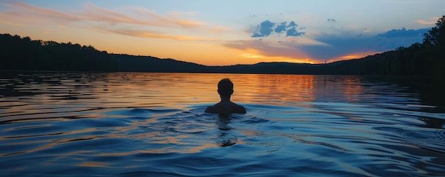 Sunset swim in a secluded lake water painted with colors of the sky