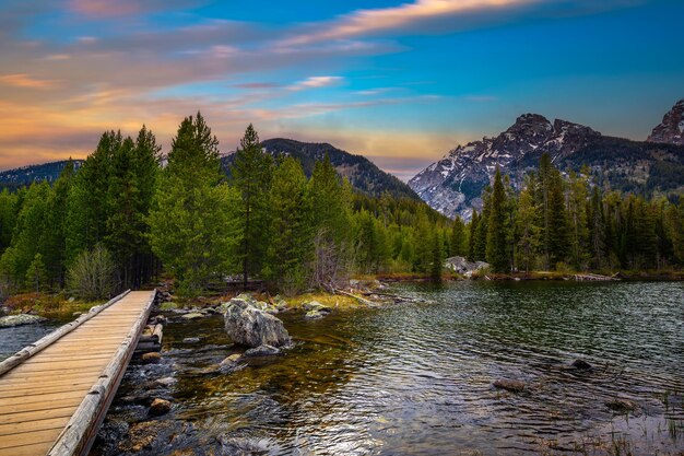 Sunset over taggart lake and grand teton mountains in wyoming usa