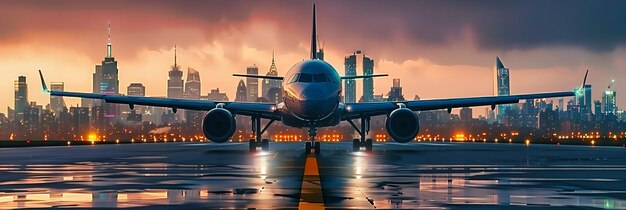 Photo sunset takeoff commercial airplane on runway aviation travel concept aircraft departure against evening sky