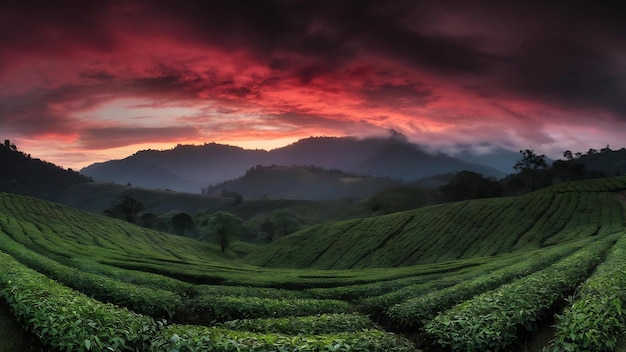 Sunset tea plantation in munnar kerala india mountain landscape view with dramatic sky