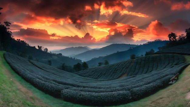 Sunset tea plantation in munnar kerala india mountain landscape view with dramatic sky