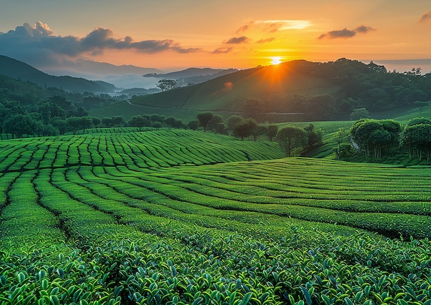 a sunset over a tea plantation with a sunset in the background