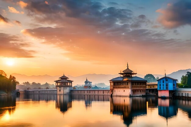 A sunset over a temple with a mountain in the background