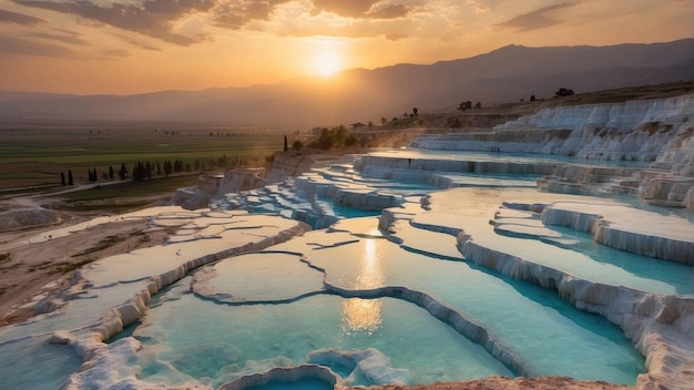 Foto il tramonto sopra le piscine minerali a terrazze