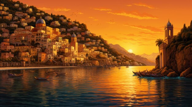 Photo sunset time a richly detailed mediterraneaninspired painted seaside village