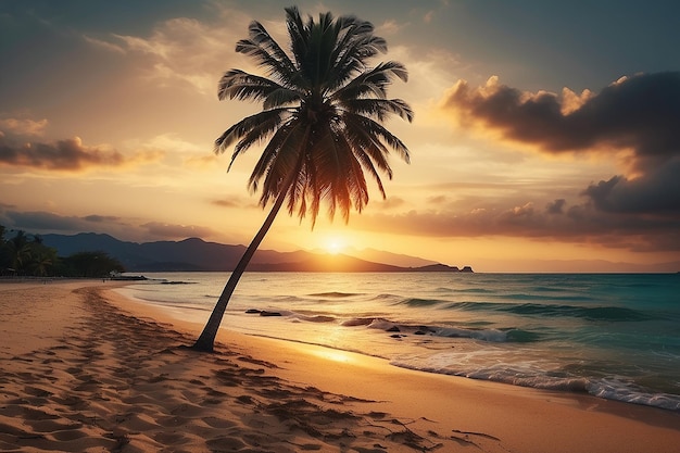 日没時に、ココヤシの木のある熱帯のビーチと海で