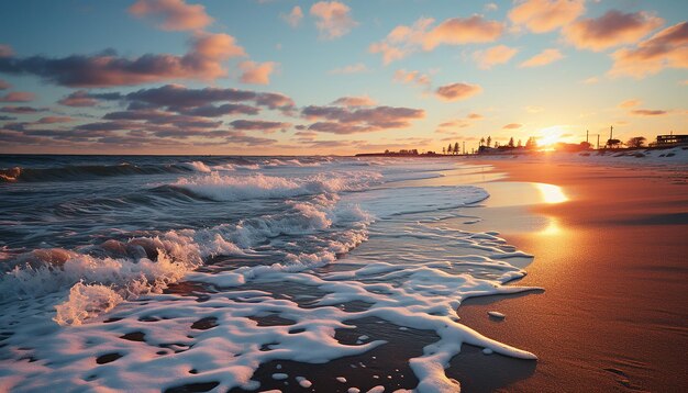 Photo sunset over the tranquil coastline reflecting on the calm waters generated by ai