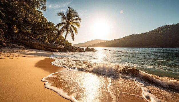 Foto il tramonto sulla tranquilla costa un paradiso tropicale di relax generato dall'intelligenza artificiale