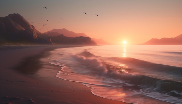 Sunset over the tranquil coastline waves crashing on sandy shores generated by artificial intelligence