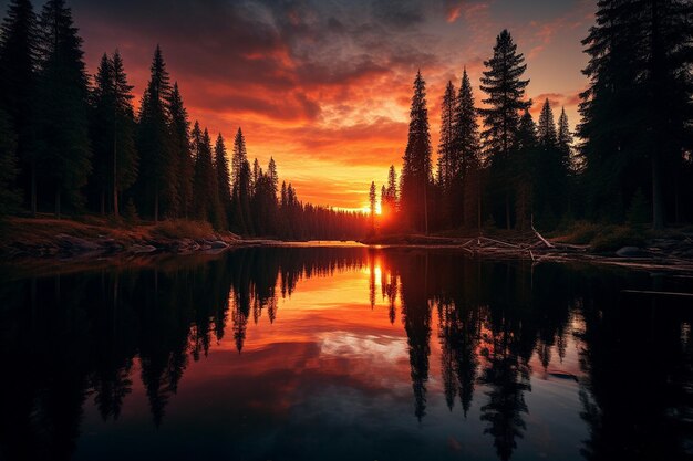 Sunset over a tranquil forest lake