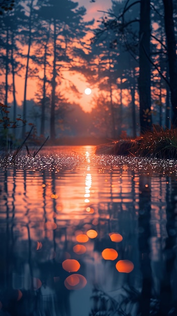 Foto il tramonto su un lago tranquillo circondato da silhouette di pini