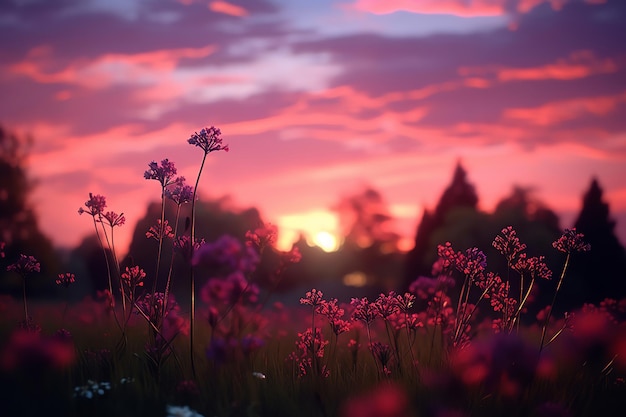 野生の花が咲く静かな草原に沈む夕日