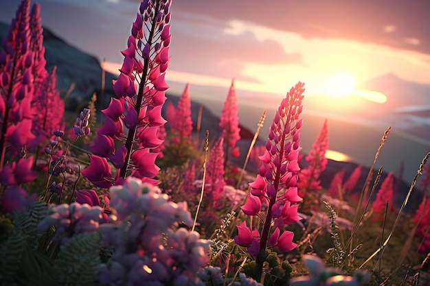 Sunset Over a Tranquil Meadow with Wildflowers