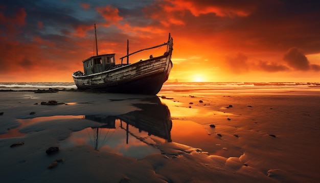 Sunset over tranquil sea abandoned fishing boat reflects beauty generated by artificial intelligence