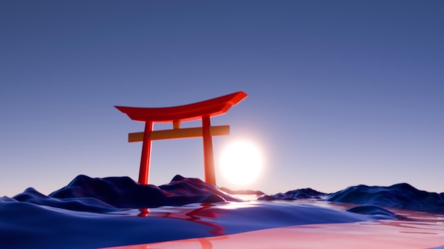 sunset over tranquil waters abstract torii gate in minimalist 3d art