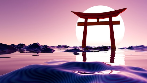sunset over tranquil waters abstract torii gate in minimalist 3d art