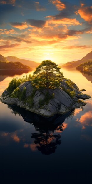 Sunset Tree On Island Daz3d Inspired Norwegian Nature Photo