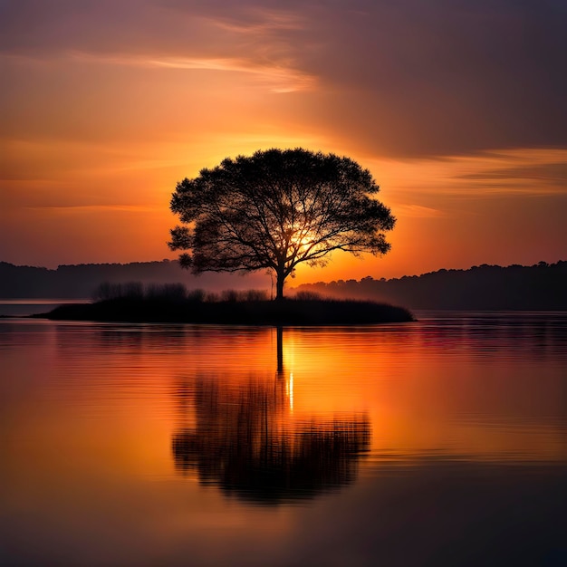 sunset tree water reflection