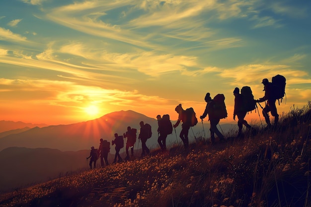 Sunset trek mountain group adventure tourists on a journey