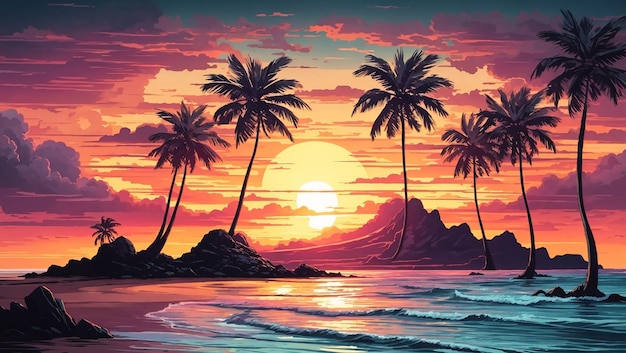 sunset on tropical beach illustration