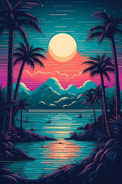 Sunset on tropical beach with palm tree generated ai