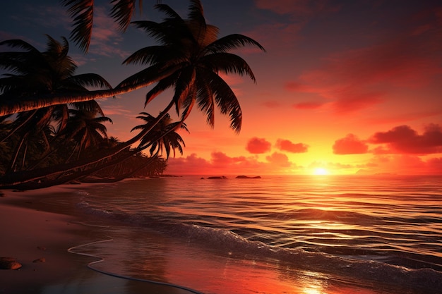 Sunset on tropical beach with palm tree