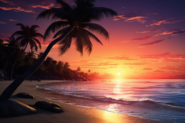 Sunset on tropical beach with palm tree