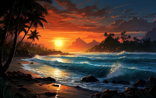 A sunset on a tropical beach with palm trees AI