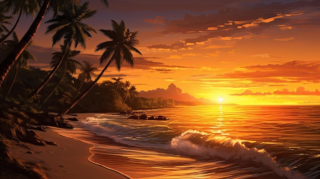 a sunset on a tropical beach with palm trees and the ocean in the background.